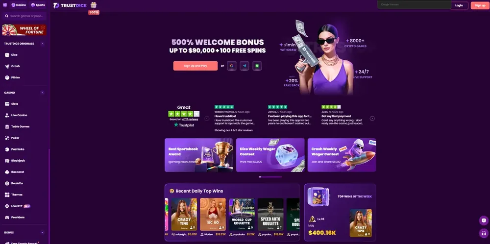 TrustDice: captura del sitio (escritorio)