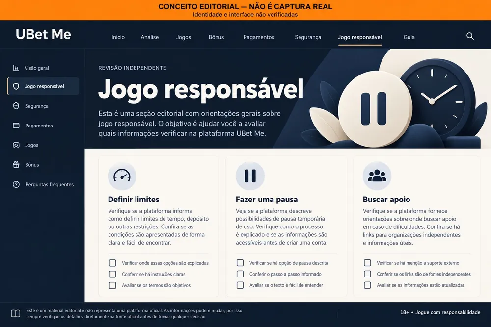 Conceito de página de jogo responsável com limites, pausa e apoio