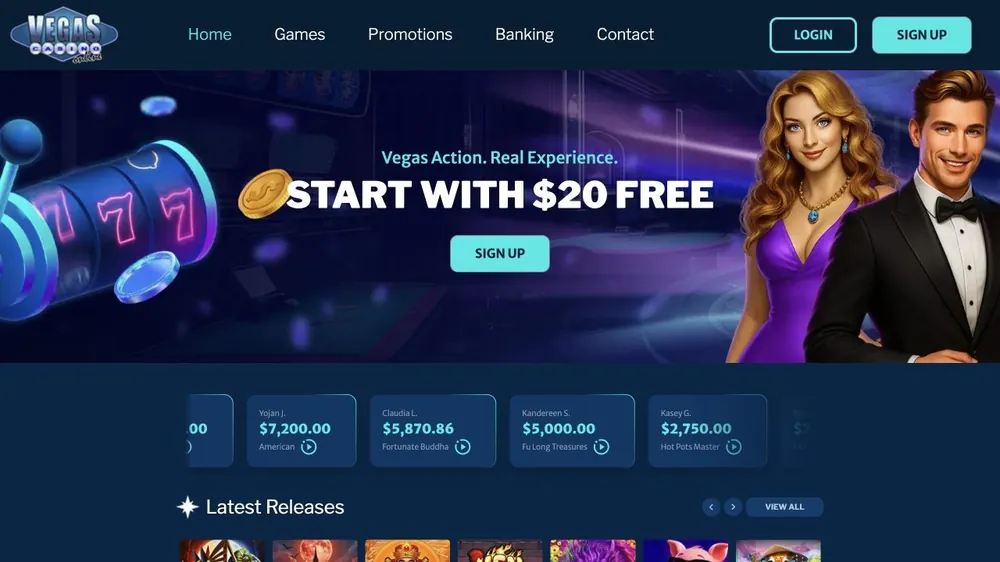Página inicial de vegascasinoonline.eu com banner 'Start with $20 free'