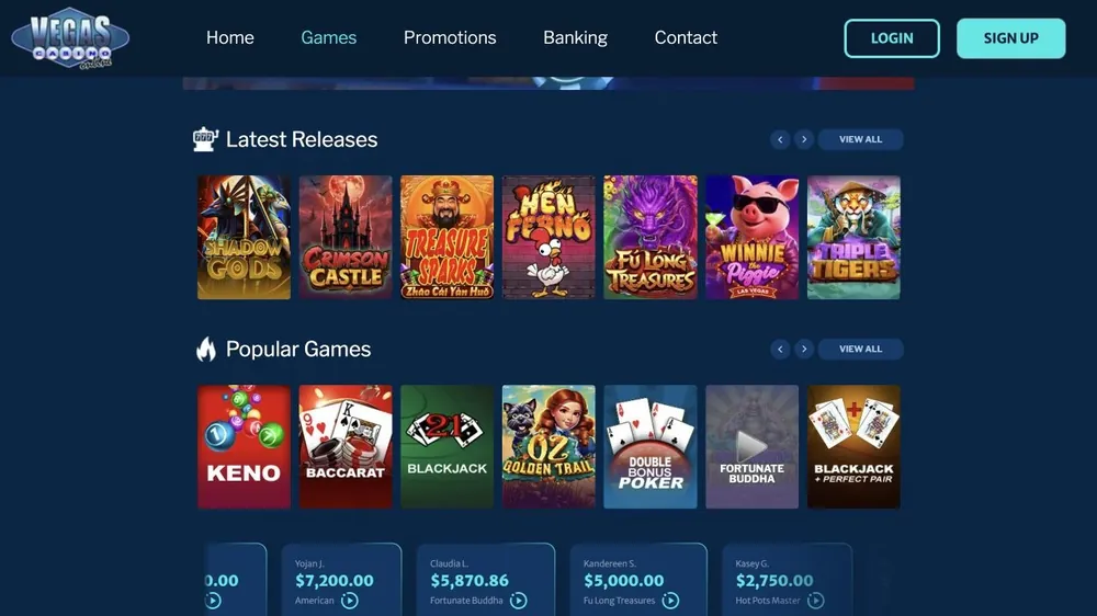 Página de jogos de vegascasinoonline.eu com lançamentos e jogos populares