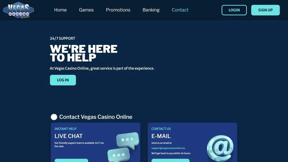 Página de contato de vegascasinoonline.eu com chat e e-mail