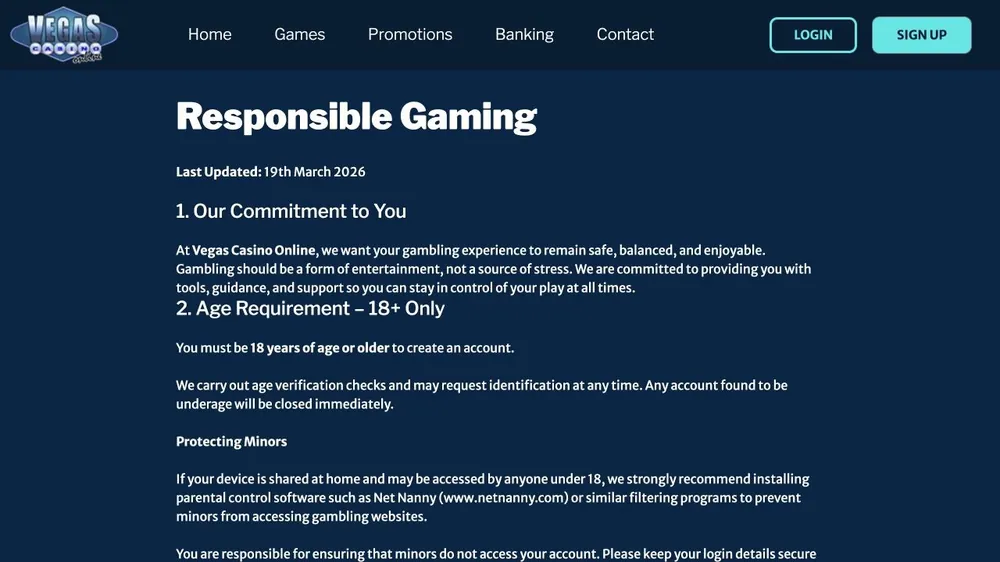 Página de jogo responsável de vegascasinoonline.eu