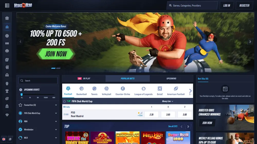 Página inicial de Vegas Hero (desktop)