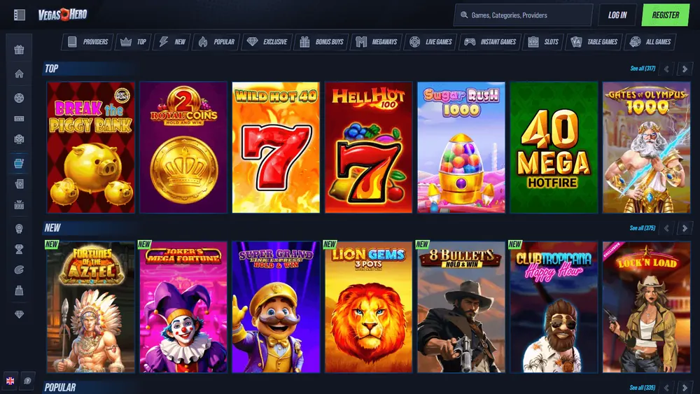 Catálogo de jogos de Vegas Hero (desktop)