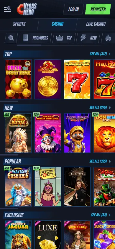 Catálogo de jogos de Vegas Hero (celular)