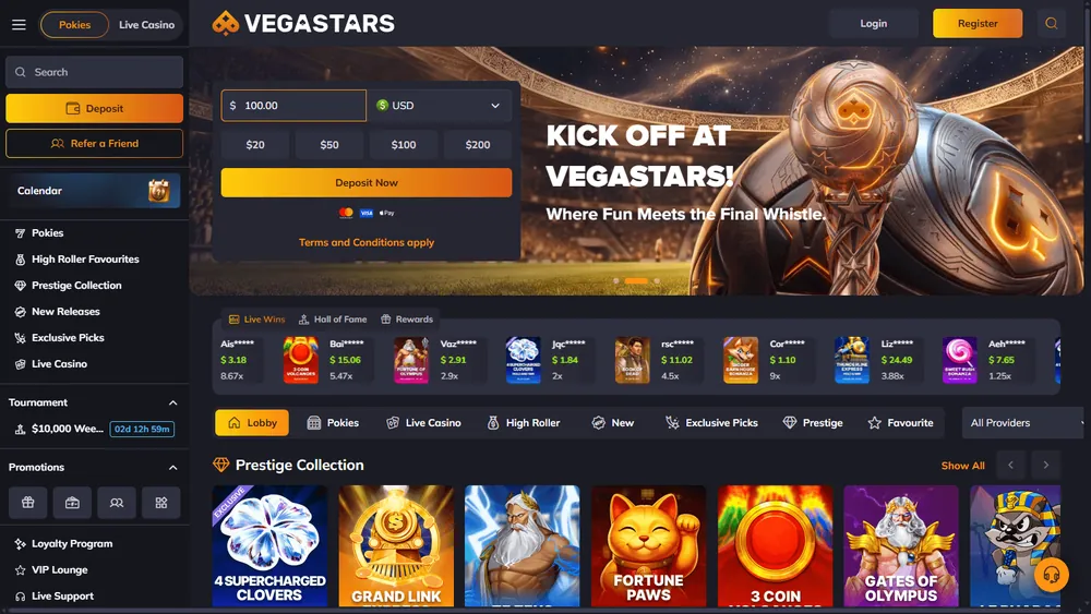 Página inicial da VegaStars no computador com depósito em USD e seção Pokies