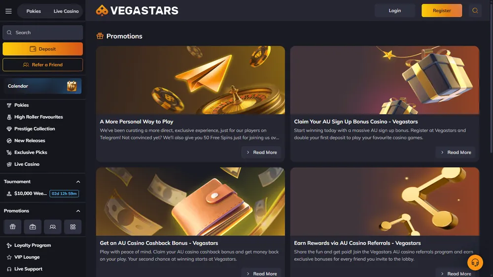 Página de promoções da VegaStars no computador com ofertas para a Austrália