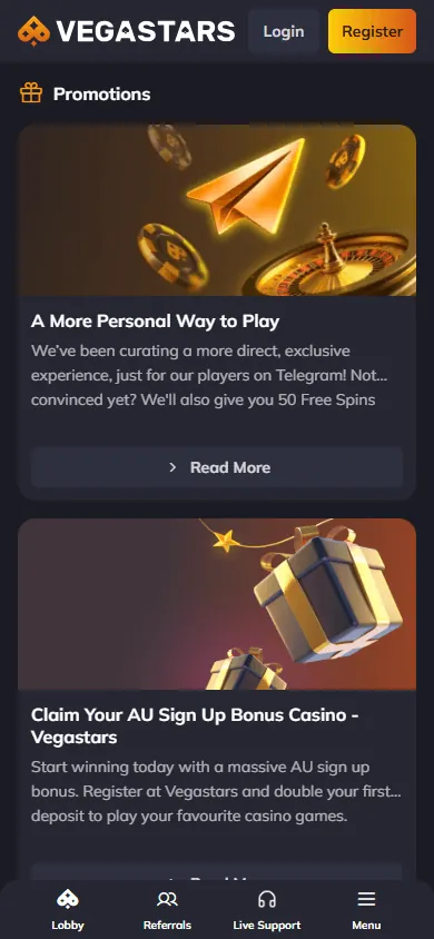 Página de promoções da VegaStars no celular