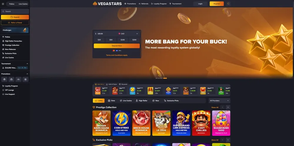 Página inicial da VegaStars com o banner 'More bang for your buck!'