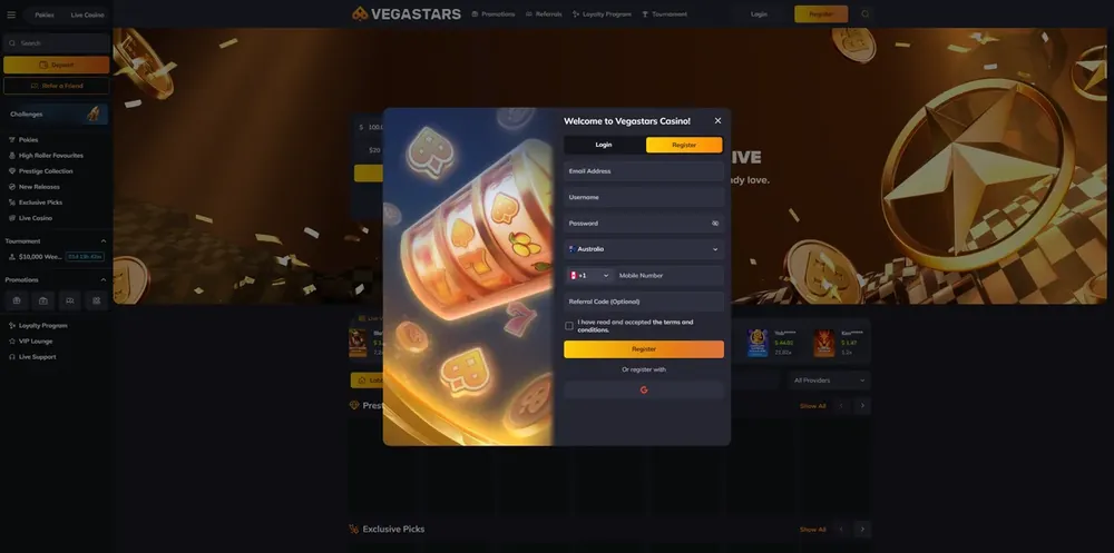Janela de cadastro da VegaStars no computador