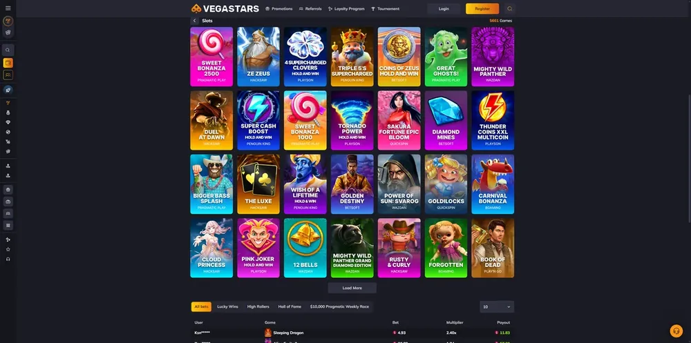 Catálogo de slots da VegaStars no computador