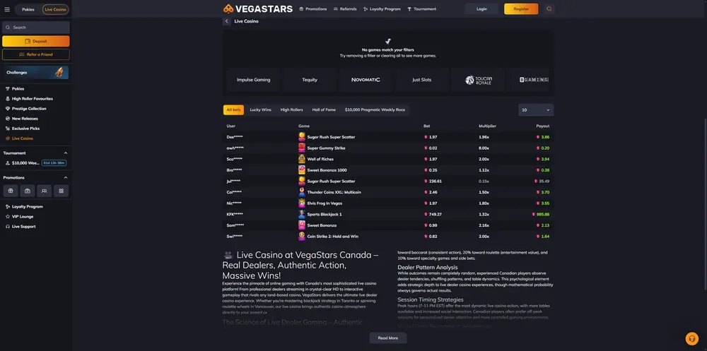 Página de cassino ao vivo da VegaStars com texto voltado ao Canadá