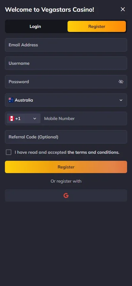 Cadastro da VegaStars no celular com Austrália selecionada