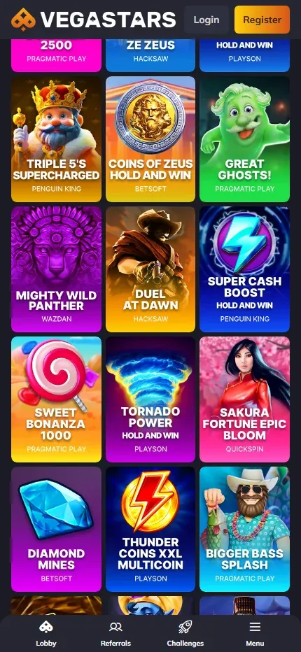 Catálogo de slots da VegaStars no celular