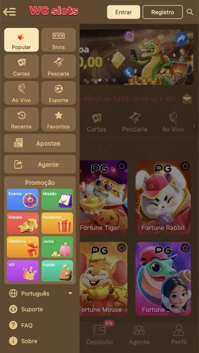 WG Slots: captura do site (celular)