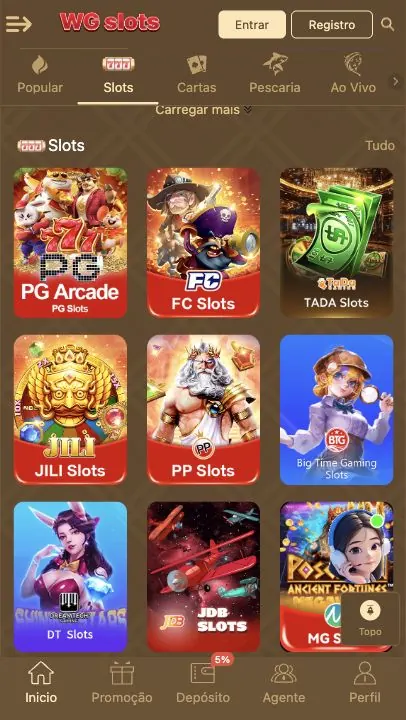 WG Slots: captura do site (celular)