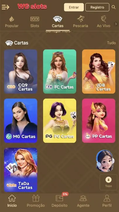 WG Slots: captura do site (celular)