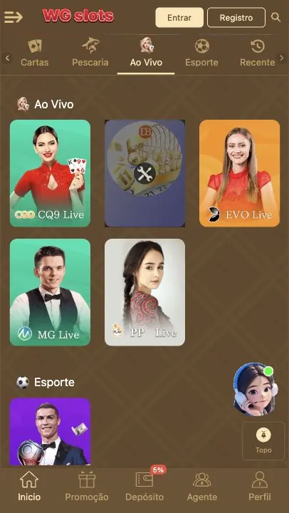 WG Slots: captura do site (celular)