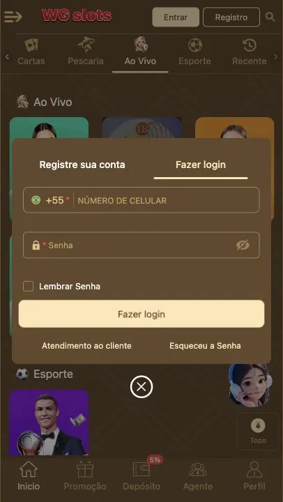 WG Slots: captura do site (celular)