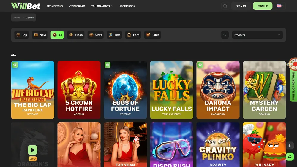 Catálogo de jogos de WillBet (desktop)