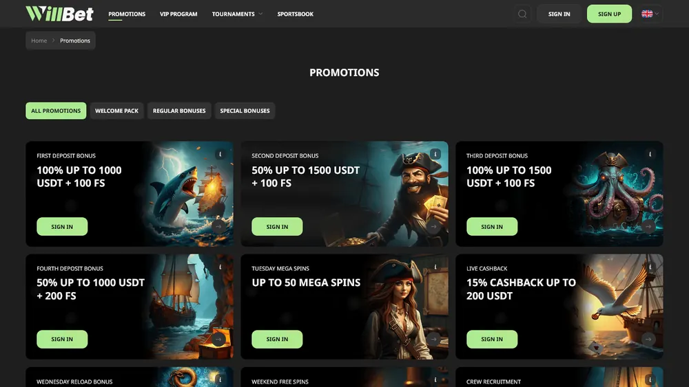 Promoções de WillBet (desktop)