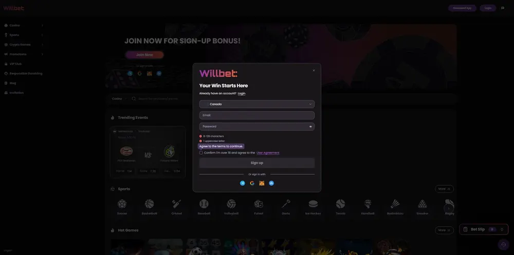 WillBet: captura do site (desktop)