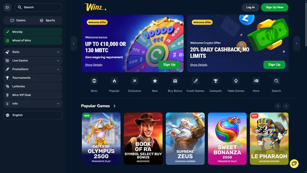 Página inicial de Winz.io (desktop)