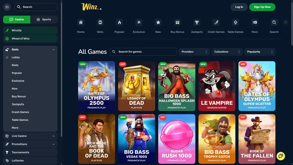 Catálogo de jogos de Winz.io (desktop)