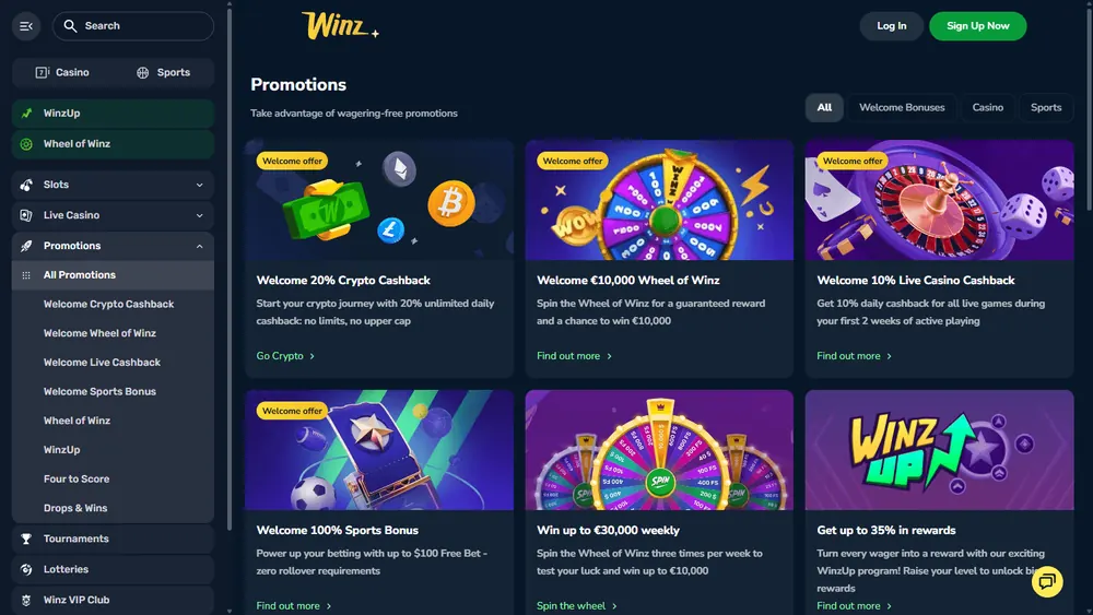 Promoções de Winz.io (desktop)