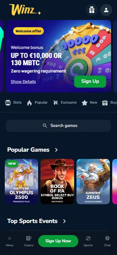 Página inicial de Winz.io (celular)