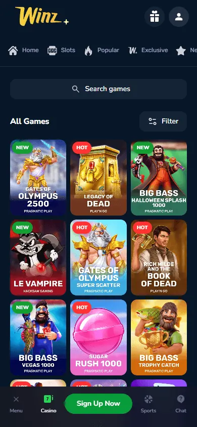 Catálogo de jogos de Winz.io (celular)