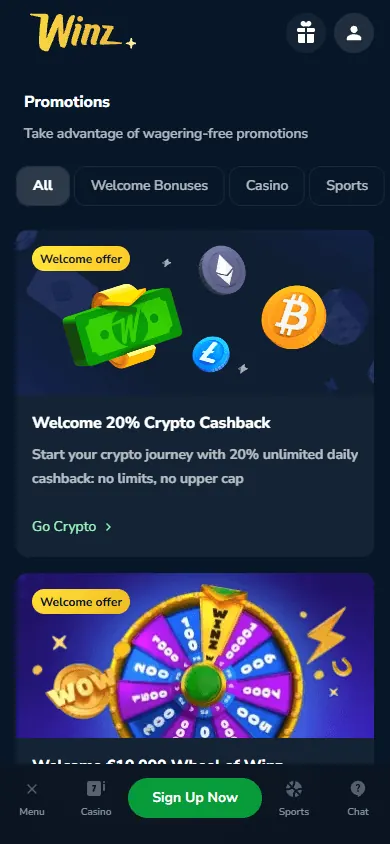 Promoções de Winz.io (celular)