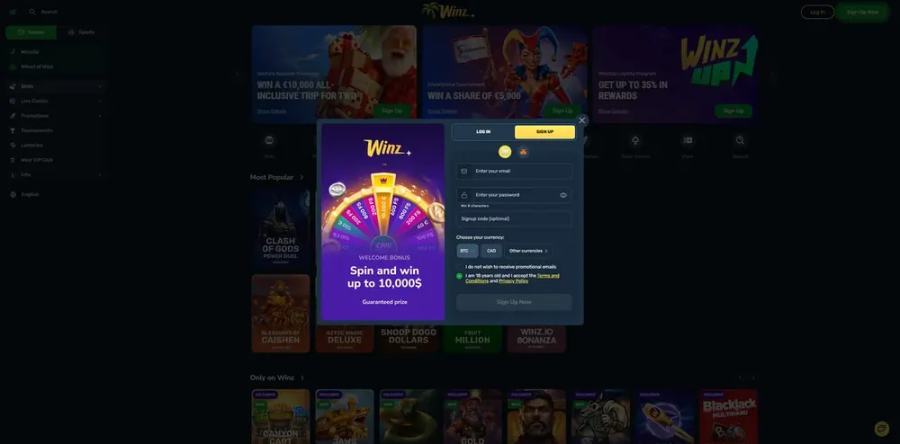 Winz.io: captura do site (desktop)