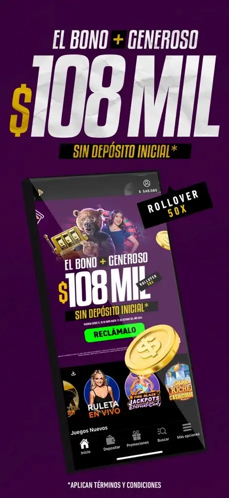 Arte promocional da Wplay anunciando bônus de 108 mil pesos sem depósito inicial, com rollover 50x