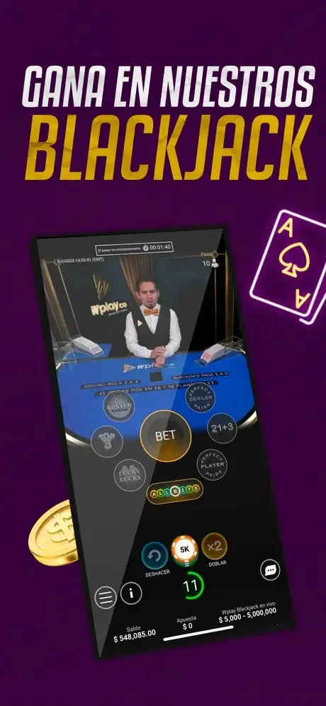 Arte promocional da Wplay com mesa de blackjack ao vivo e crupiê