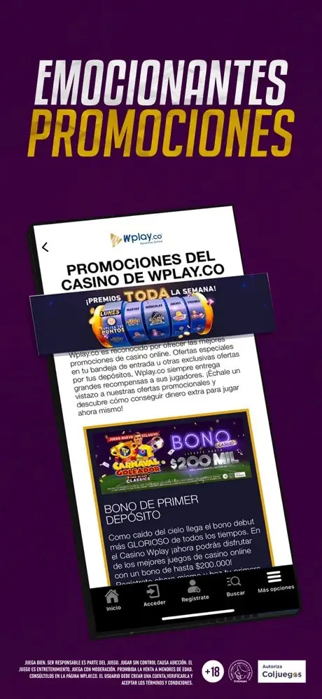 Arte promocional da Wplay com página de promoções do cassino e selo da Coljuegos