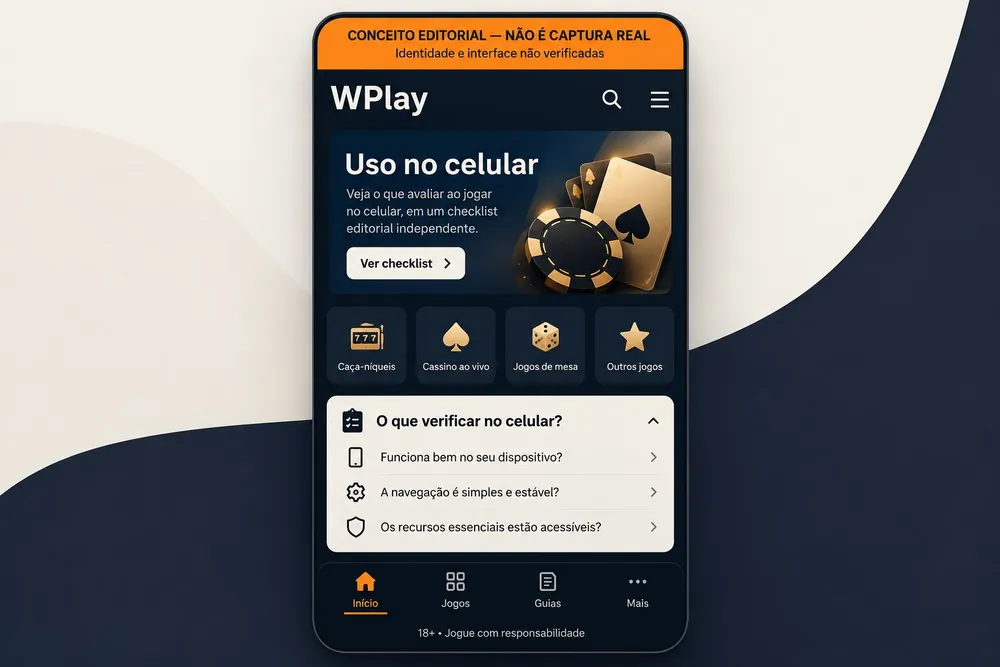 Tela conceitual de celular com categorias de jogos e checklist