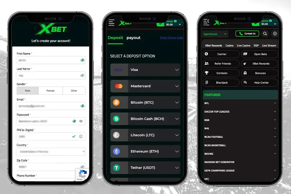 Três telas de celular da Xbet: formulário de cadastro, opções de depósito e menu