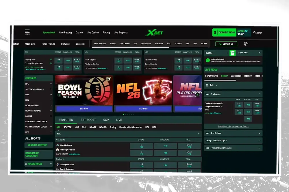 Página inicial da Xbet no computador com banners de futebol americano e tabela de odds