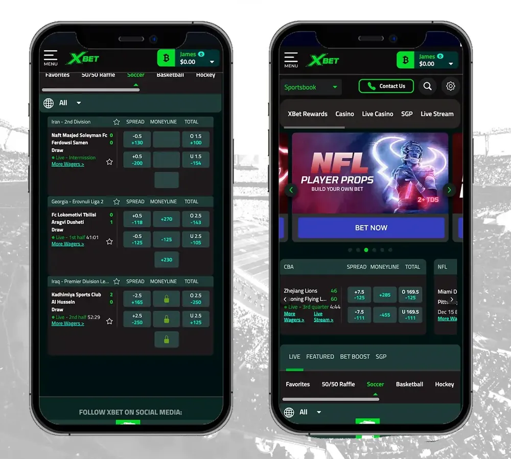 Duas telas de celular com apostas esportivas e banner de NFL Player Props