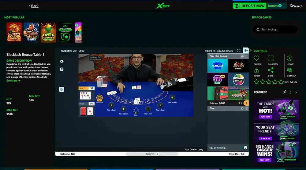 Mesa de blackjack ao vivo com crupiê na interface da Xbet