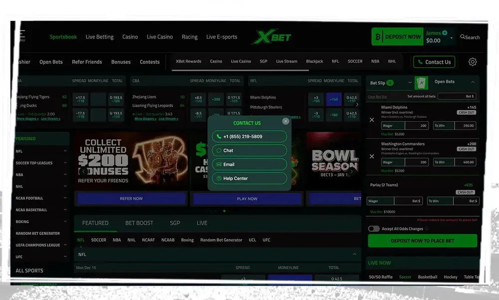 Janela de contato da Xbet com telefone, chat, e-mail e central de ajuda