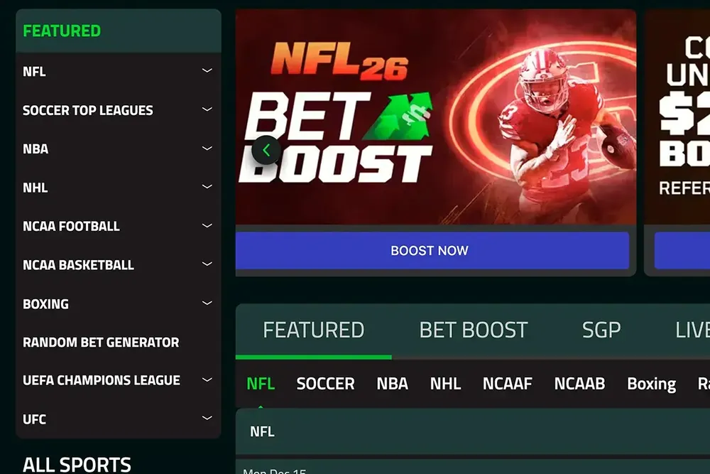Menu de esportes da Xbet com NFL, futebol, NBA, NHL e banner Bet Boost