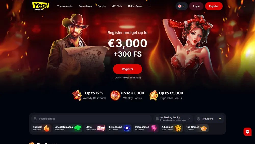 Página principal de Yep Casino (escritorio)