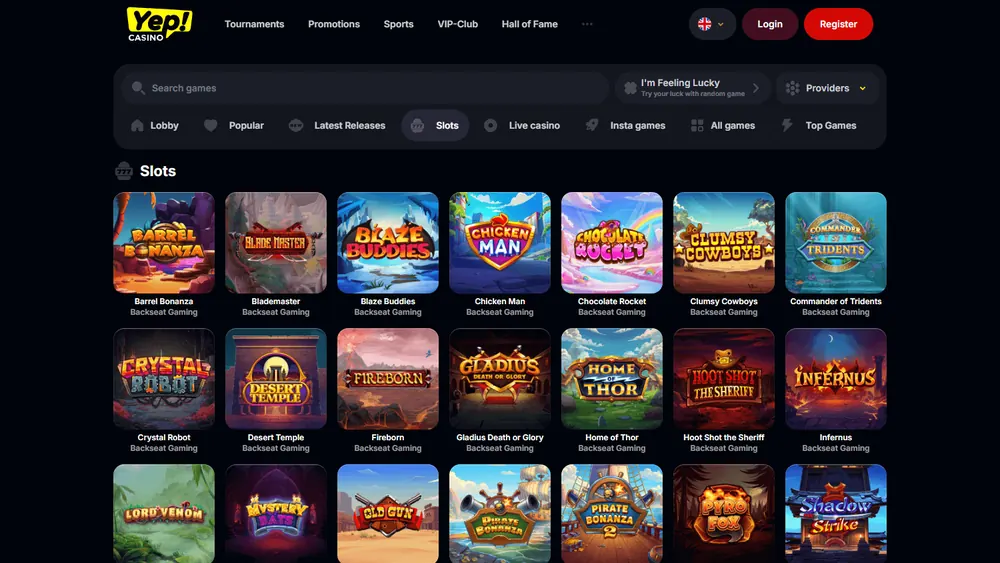 Catálogo de juegos de Yep Casino (escritorio)