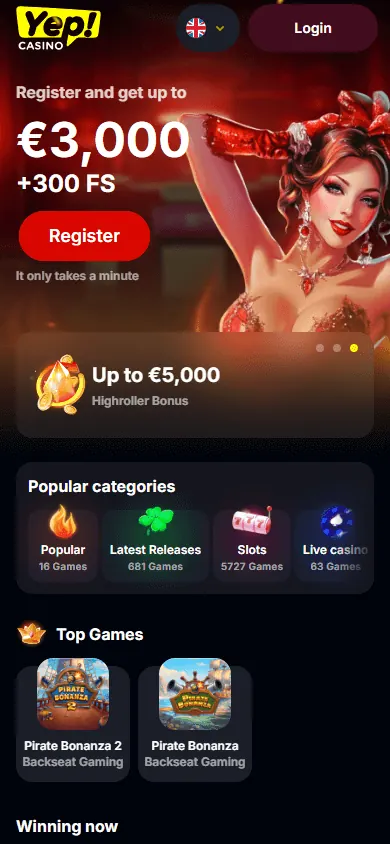Página principal de Yep Casino (móvil)