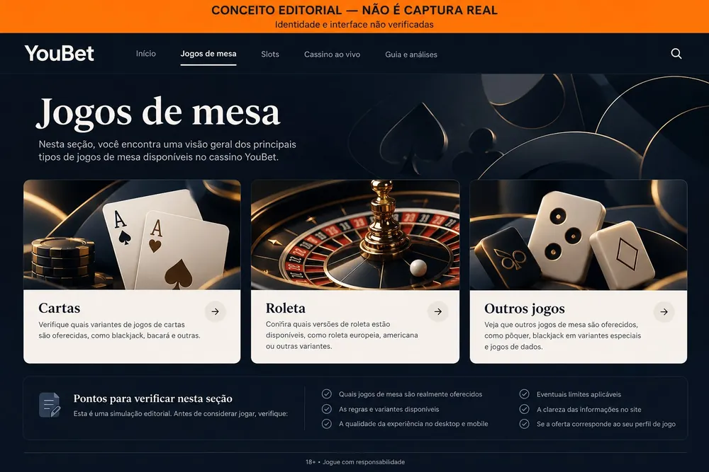 Seção conceitual de jogos de mesa com cartas, roleta e dados