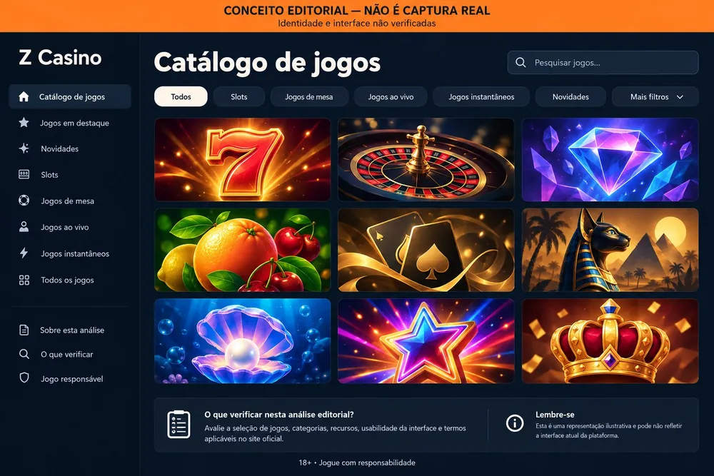 Catálogo conceitual com grade de ícones de slots e filtros