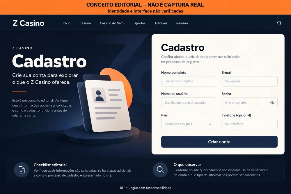 Formulário conceitual de cadastro com nome, usuário e país