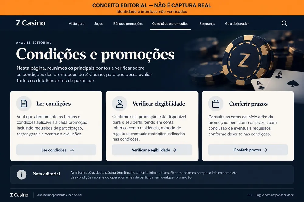 Página conceitual de condições e promoções com ficha marcada com Z